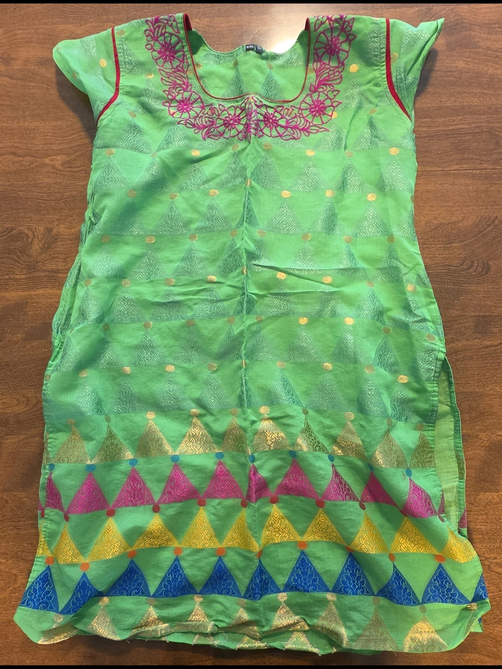 Green Embroidered Tunic Kurti with Colorful Geometric Border